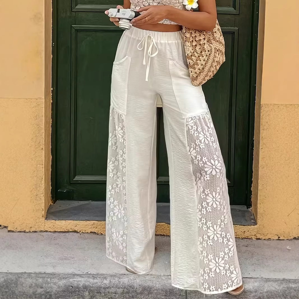 Luxe Lace-Trim Wide-Leg Trousers
