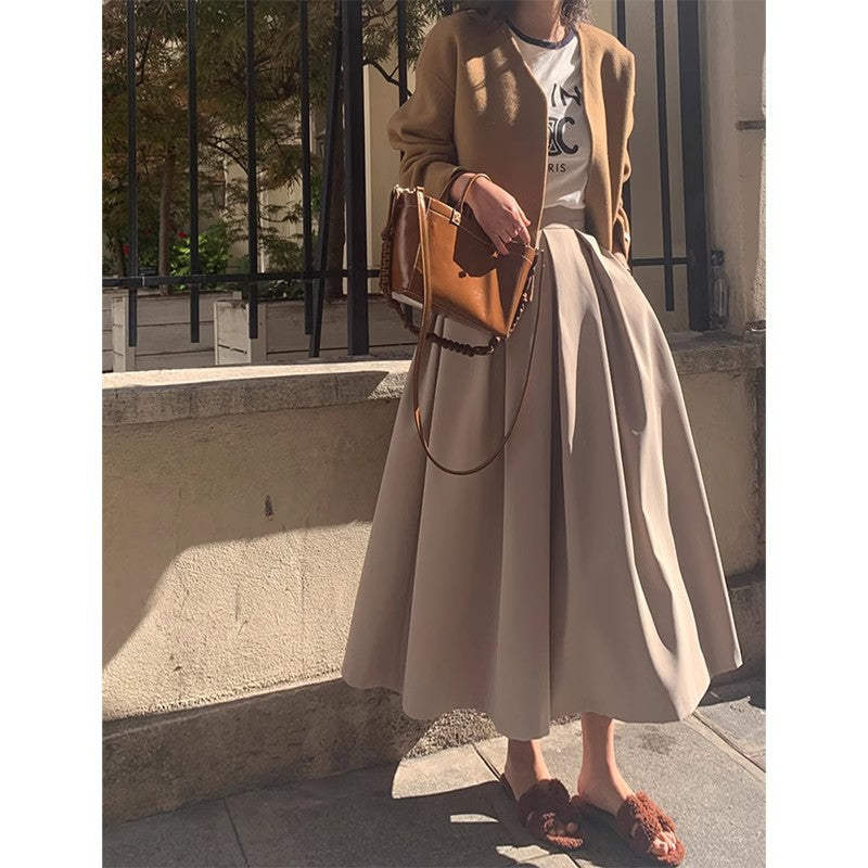 High-Waist Pleated Midi A-Line Skirt