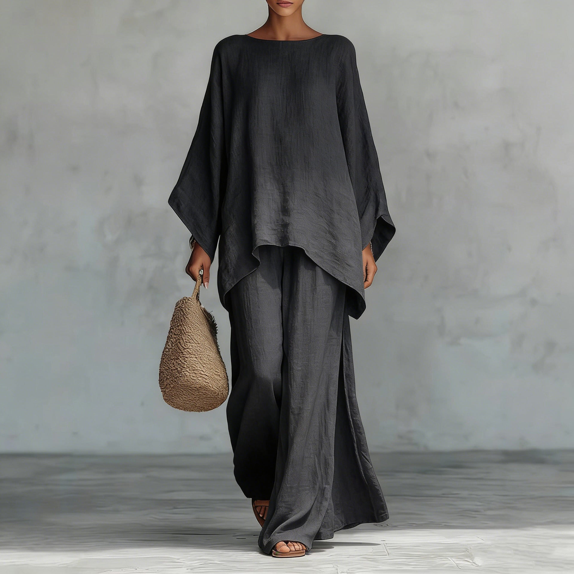 Minimalist Long-Sleeve Top & Wide-Leg Pants Set