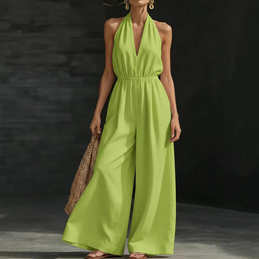 High-Waist V-Neck Halter Wide-Leg Cropped Jumpsuit