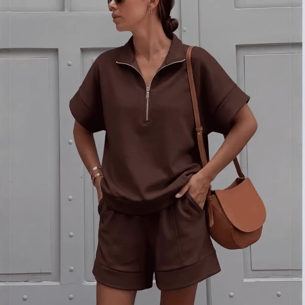 Solid-Color Casual Sweatshirt & Shorts Two-Piece Set