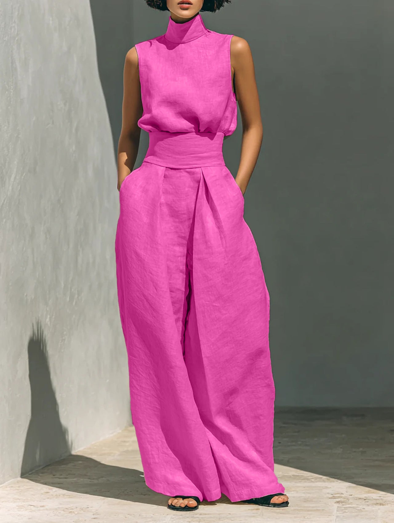 Sleeveless Stand-Collar Top & Straight-Leg Pants Set