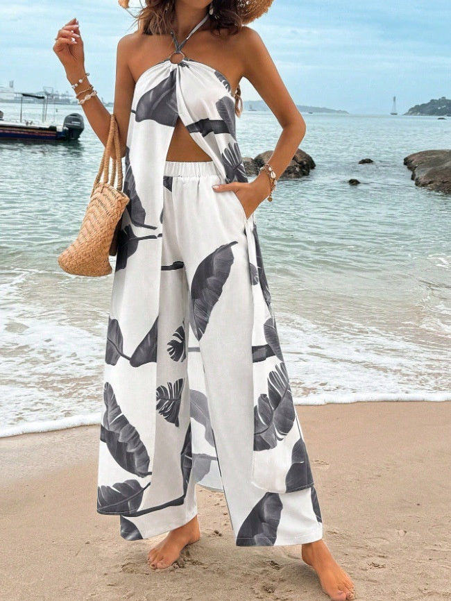 Resort Luxe Printed Halter Wide-Leg Jumpsuit