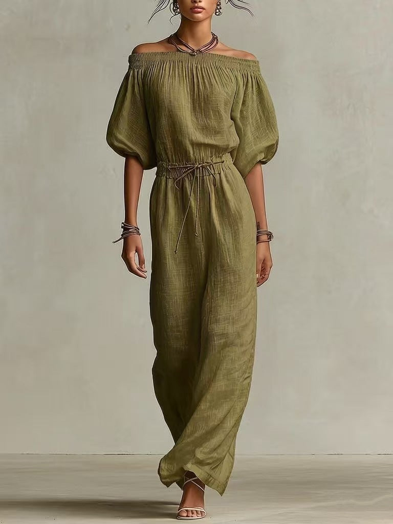 Casual Linen Lantern-Sleeve Top & Full-Length Pants Suit
