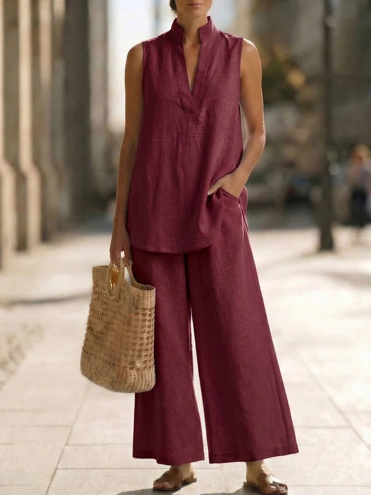 Sleeveless V-Neck Vest & Wide-Leg Pants Set
