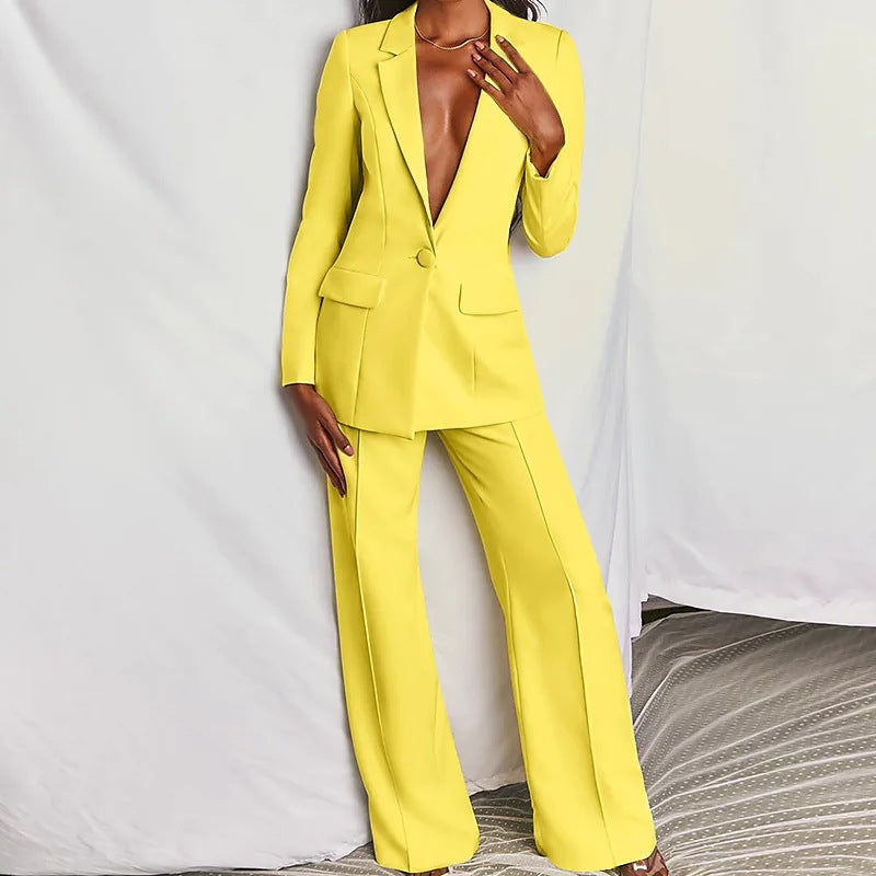 Lapel Blazer & Straight-Leg Pants Office Suit Set
