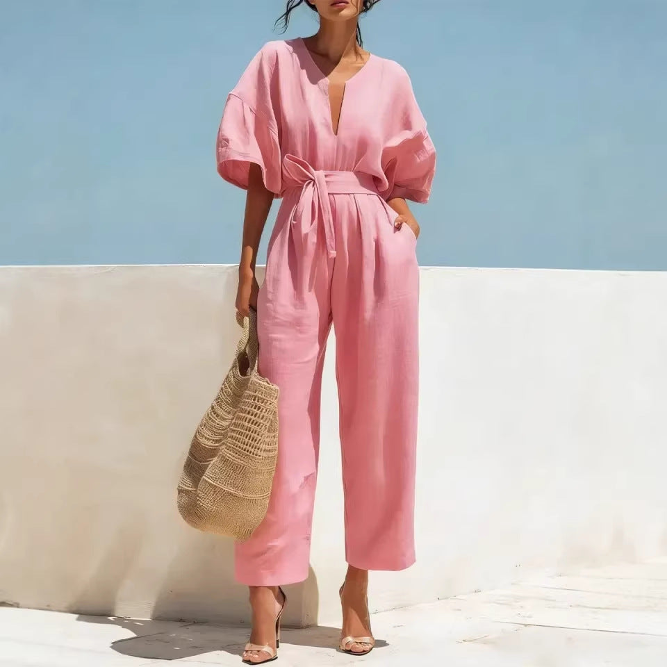 V-Neck High-Waist Cotton-Linen Wide-Leg Jumpsuit