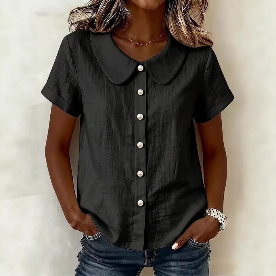 Solid-Color Loose-Fit Short-Sleeve Linen Shirt