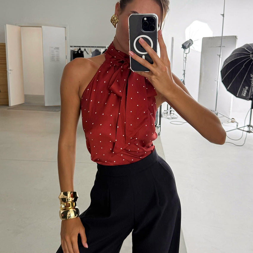 Satin Polka-Dot Lace-Up Halterneck Camisole
