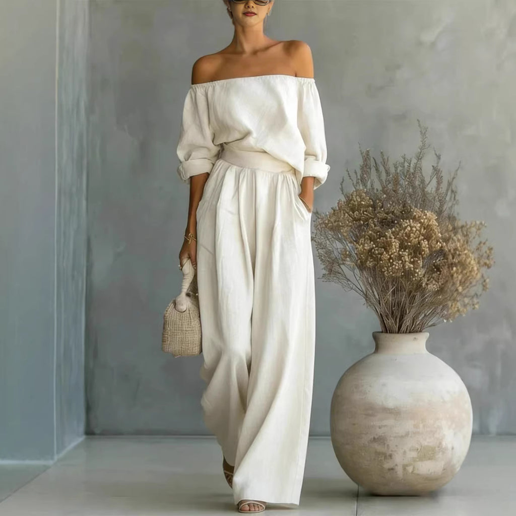 Off-Shoulder Long-Sleeve Top & Wide-Leg Pants Set