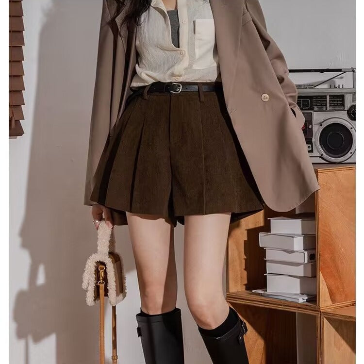 High-Waist Corduroy Pleated Wide-Leg Shorts