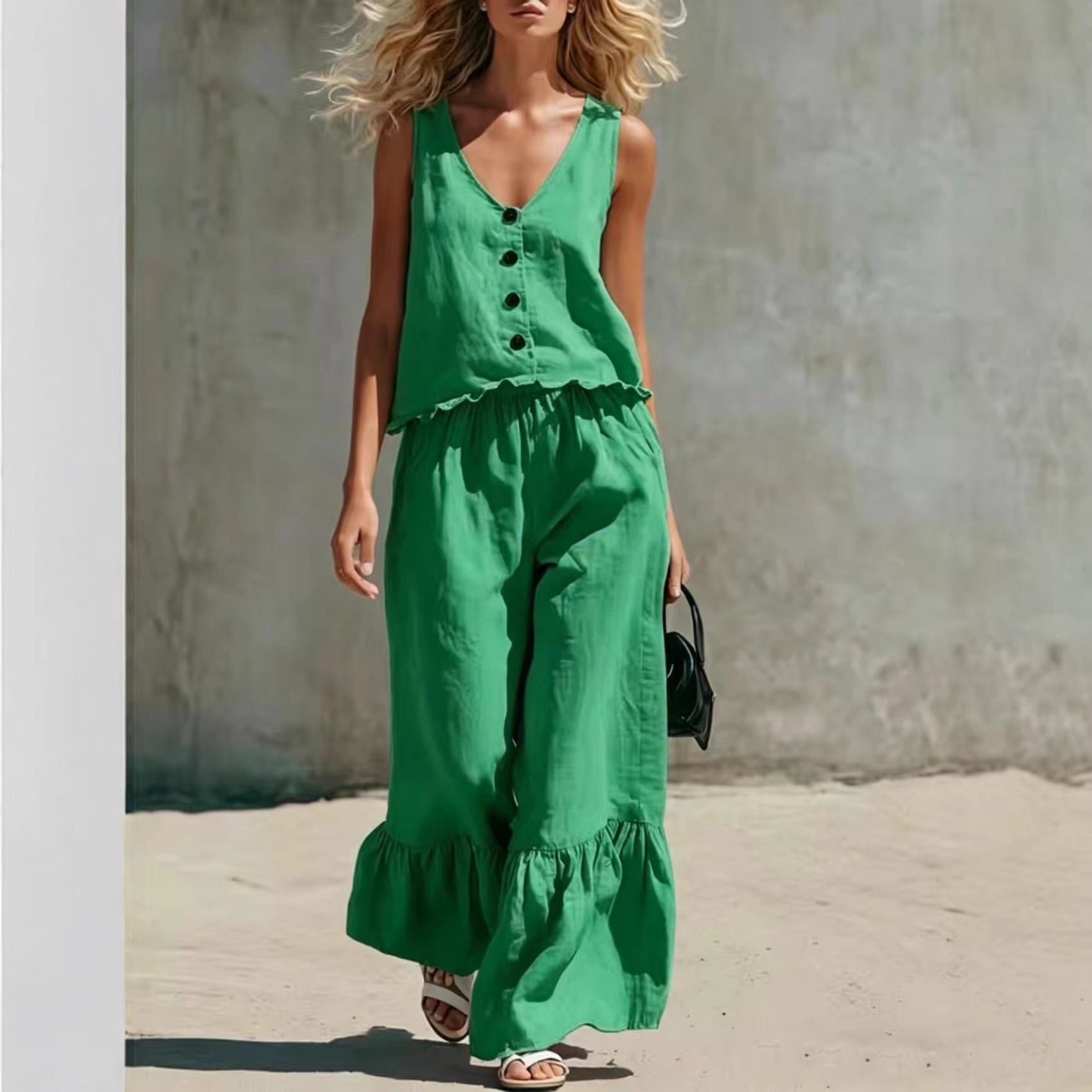 V-Neck Sleeveless Vest & Wide-Leg Pants Cotton-Linen Set