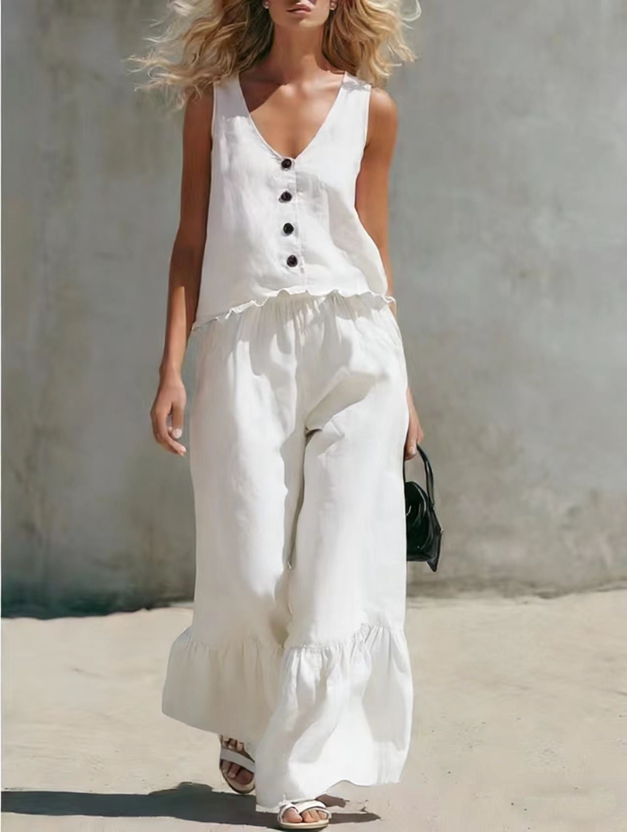 V-Neck Sleeveless Vest & Wide-Leg Pants Cotton-Linen Set