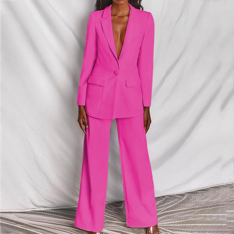 Lapel Blazer & Straight-Leg Pants Office Suit Set