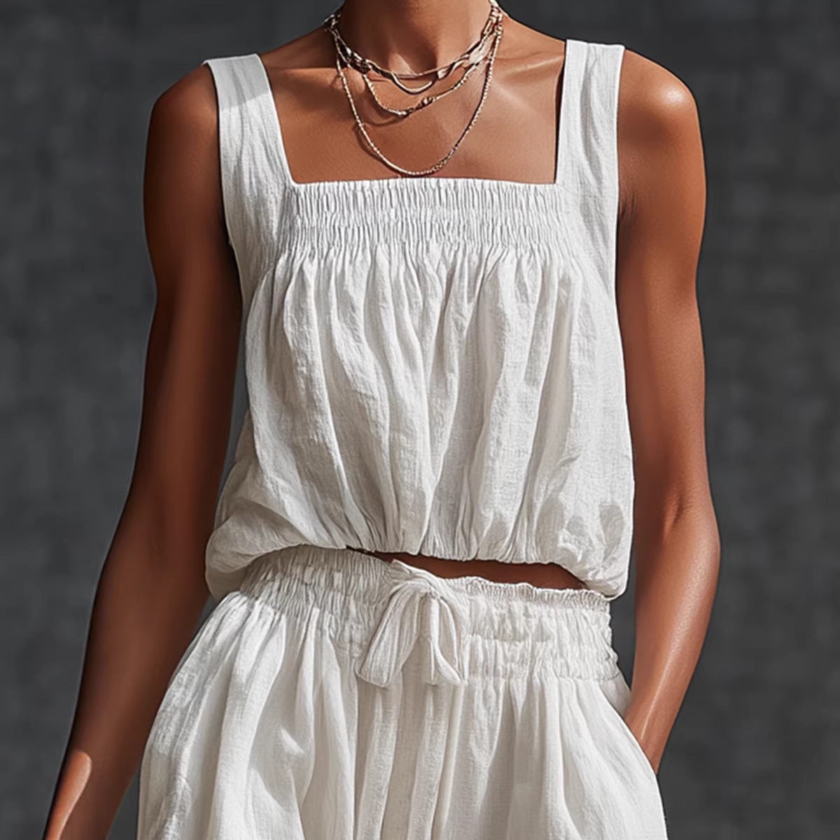 Sleeveless Off-Shoulder Top & Wide-Leg Pants Set