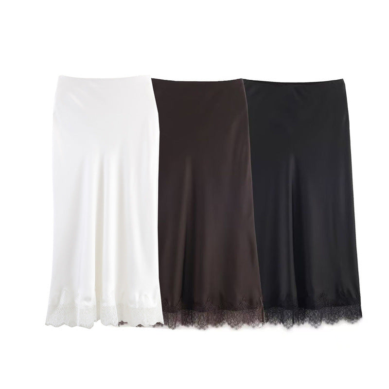 Lace-Trim Silk-Matte High-Waist Midi Skirt