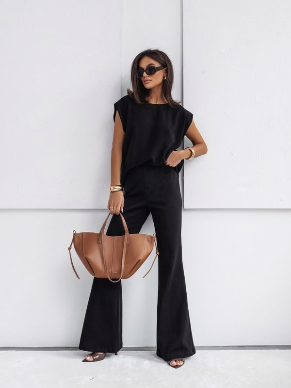 Soft & Chic Knit Two-Piece Set — Tee & Wide-Leg Pants