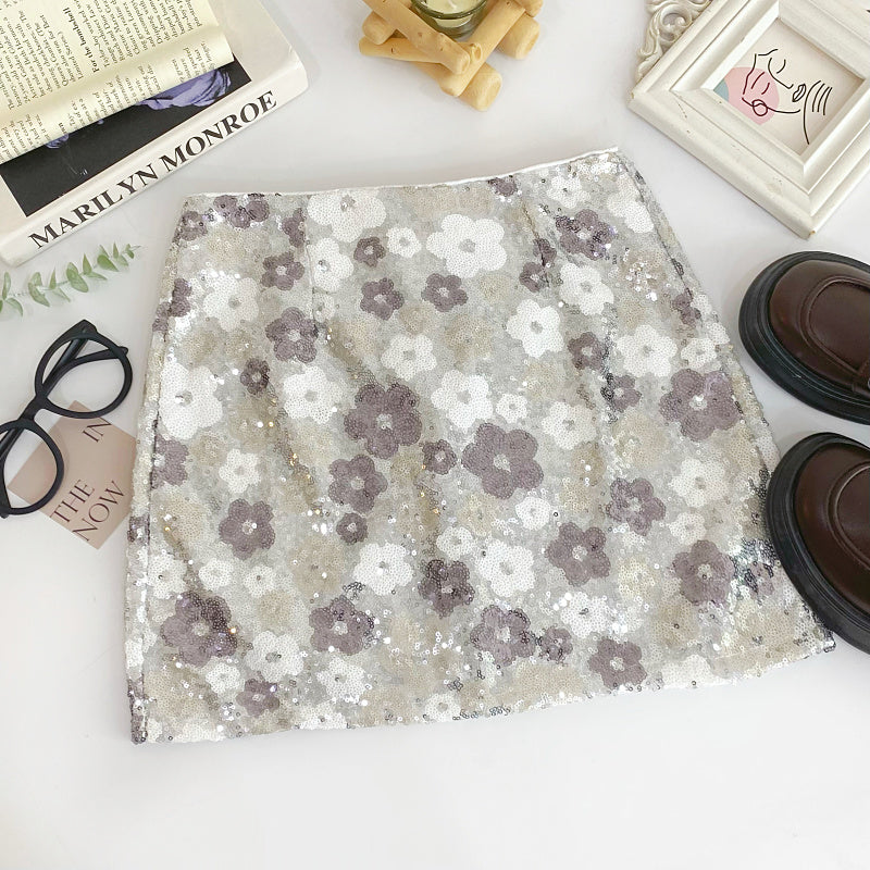 Bloom & Shine Floral Sequin Mini Skirt