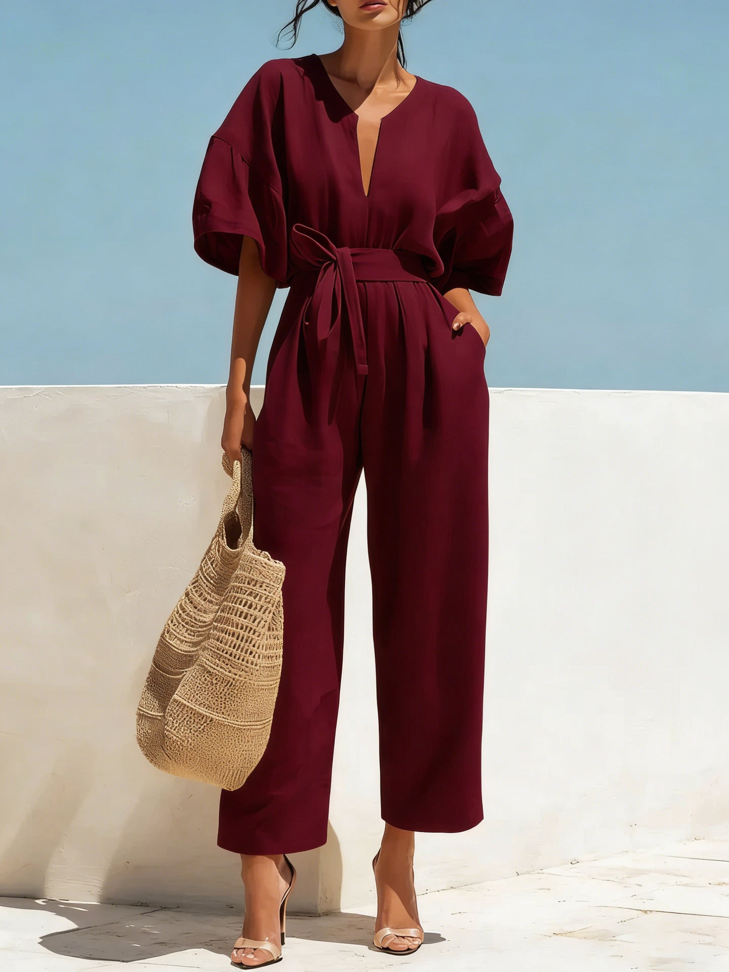 V-Neck High-Waist Cotton-Linen Wide-Leg Jumpsuit