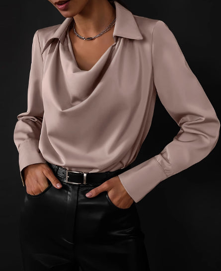 Solid-Color Collared Long-Sleeve Business Blouse