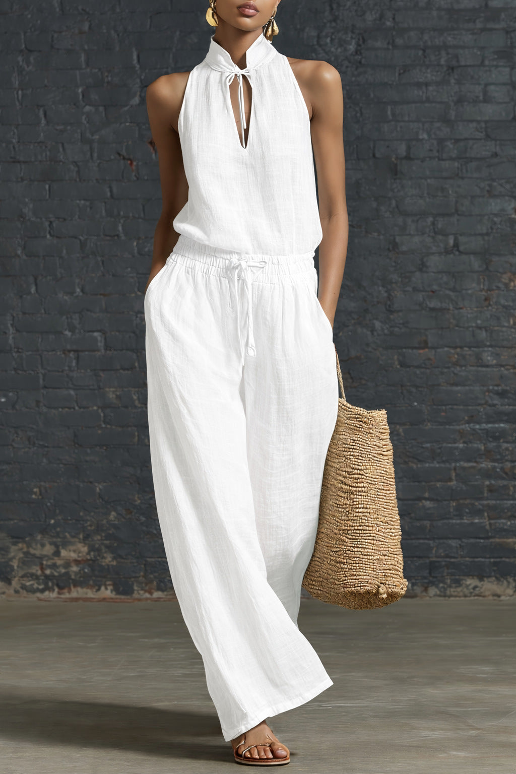 Breezy Linen Two-Piece Set — Sleeveless Top & Wide-Leg Pants