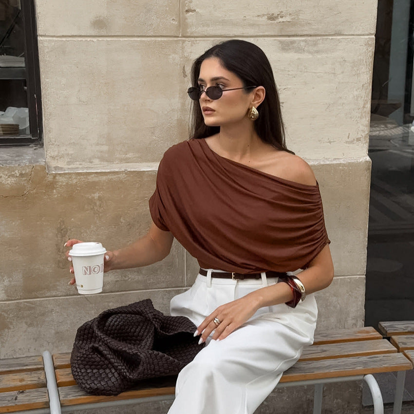 Irregular Slant-Shoulder Loose Short-Sleeve Top