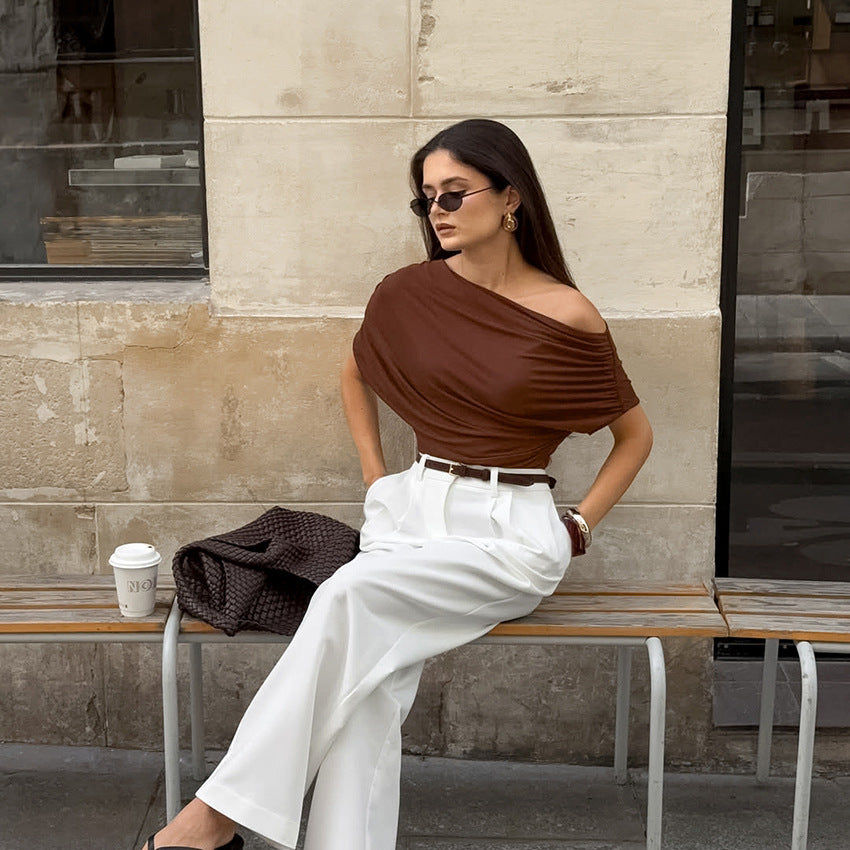 Irregular Slant-Shoulder Loose Short-Sleeve Top
