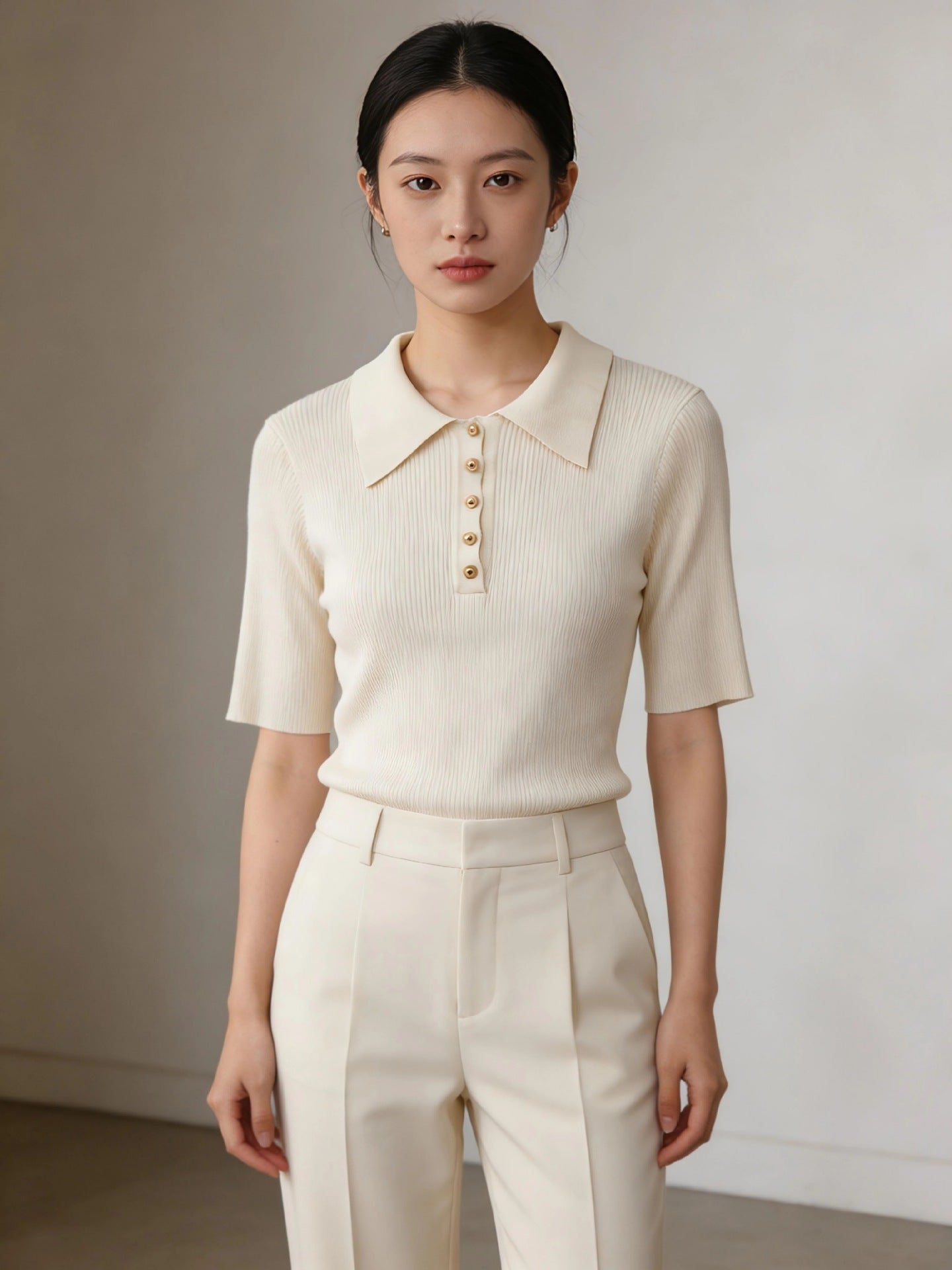Chic Lapel Contrast-Knit Slim Top