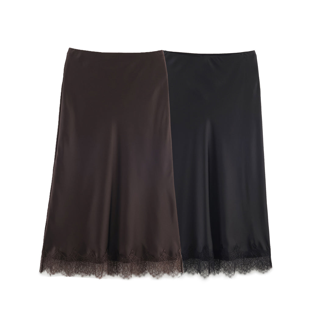 Lace-Trim Silk-Matte High-Waist Midi Skirt