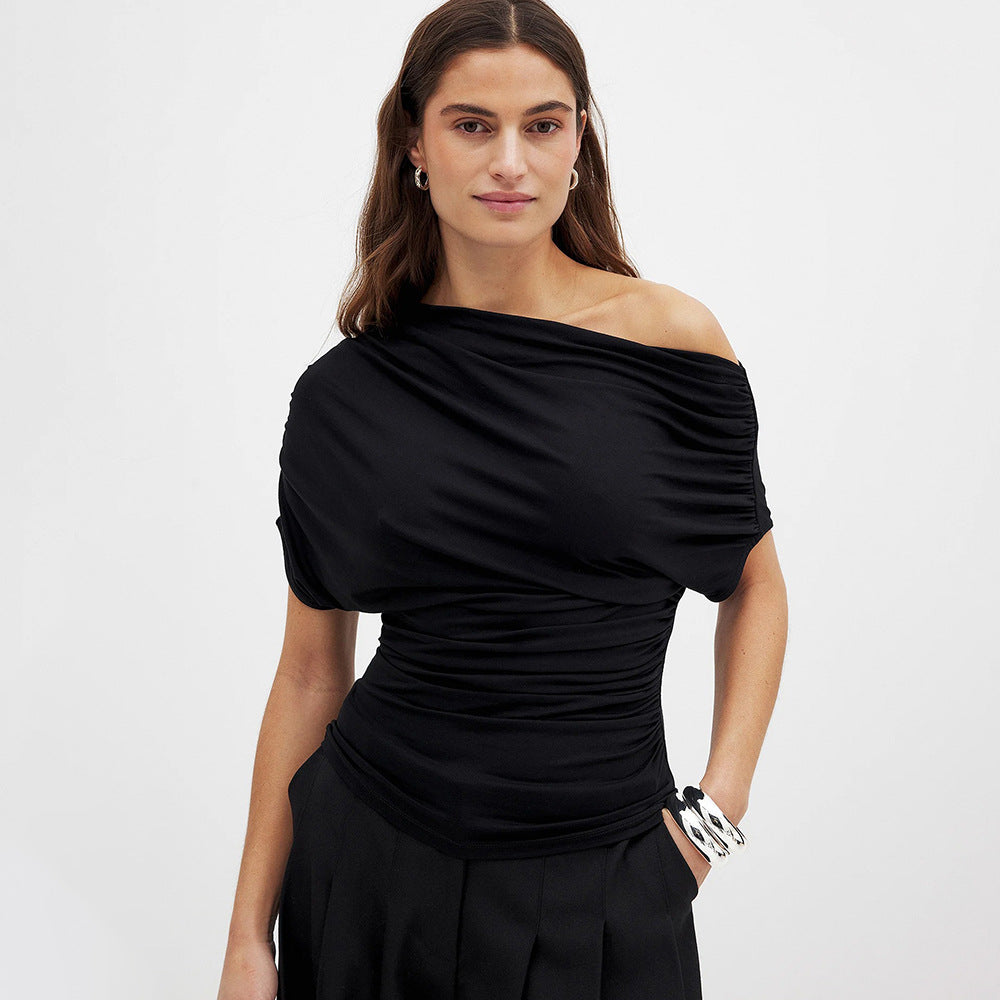 Asymmetric Pleated Short-Sleeve Top