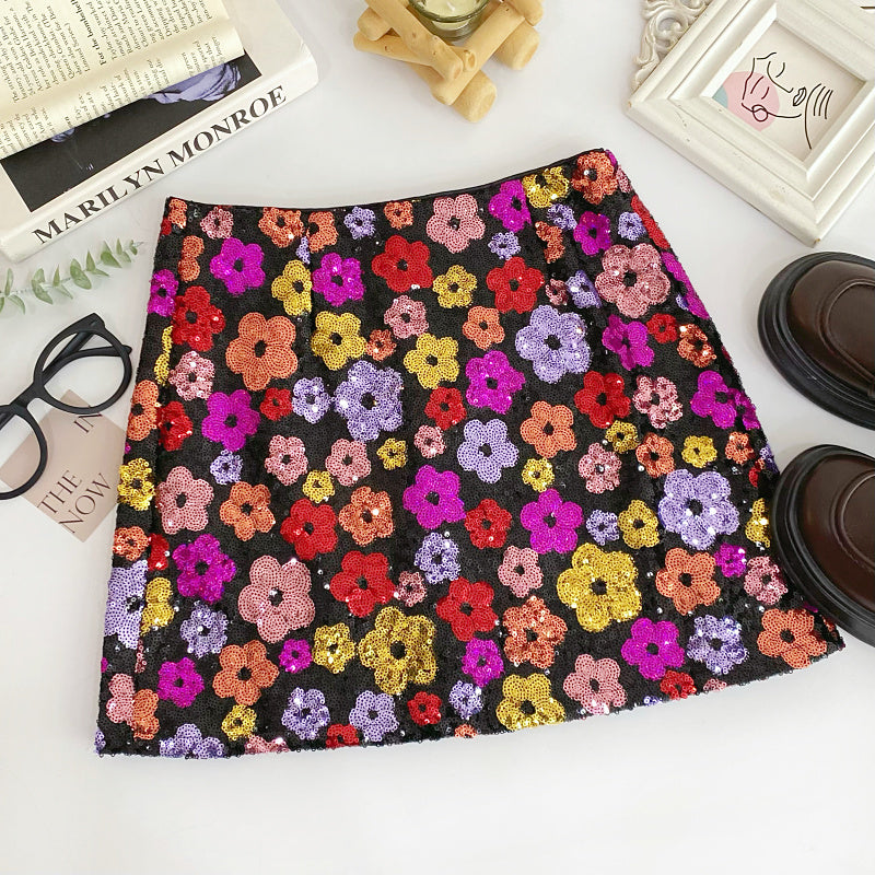 Bloom & Shine Floral Sequin Mini Skirt