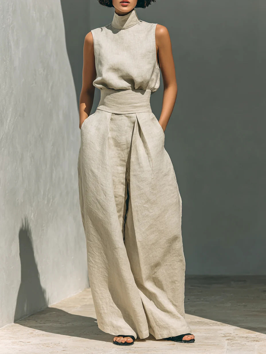 Sleeveless Stand-Collar Top & Straight-Leg Pants Set