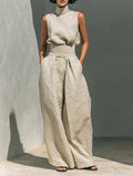 Sleeveless Stand-Collar Top & Straight-Leg Pants Set