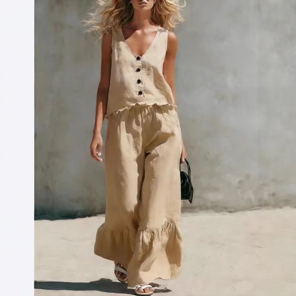 V-Neck Sleeveless Vest & Wide-Leg Pants Cotton-Linen Set