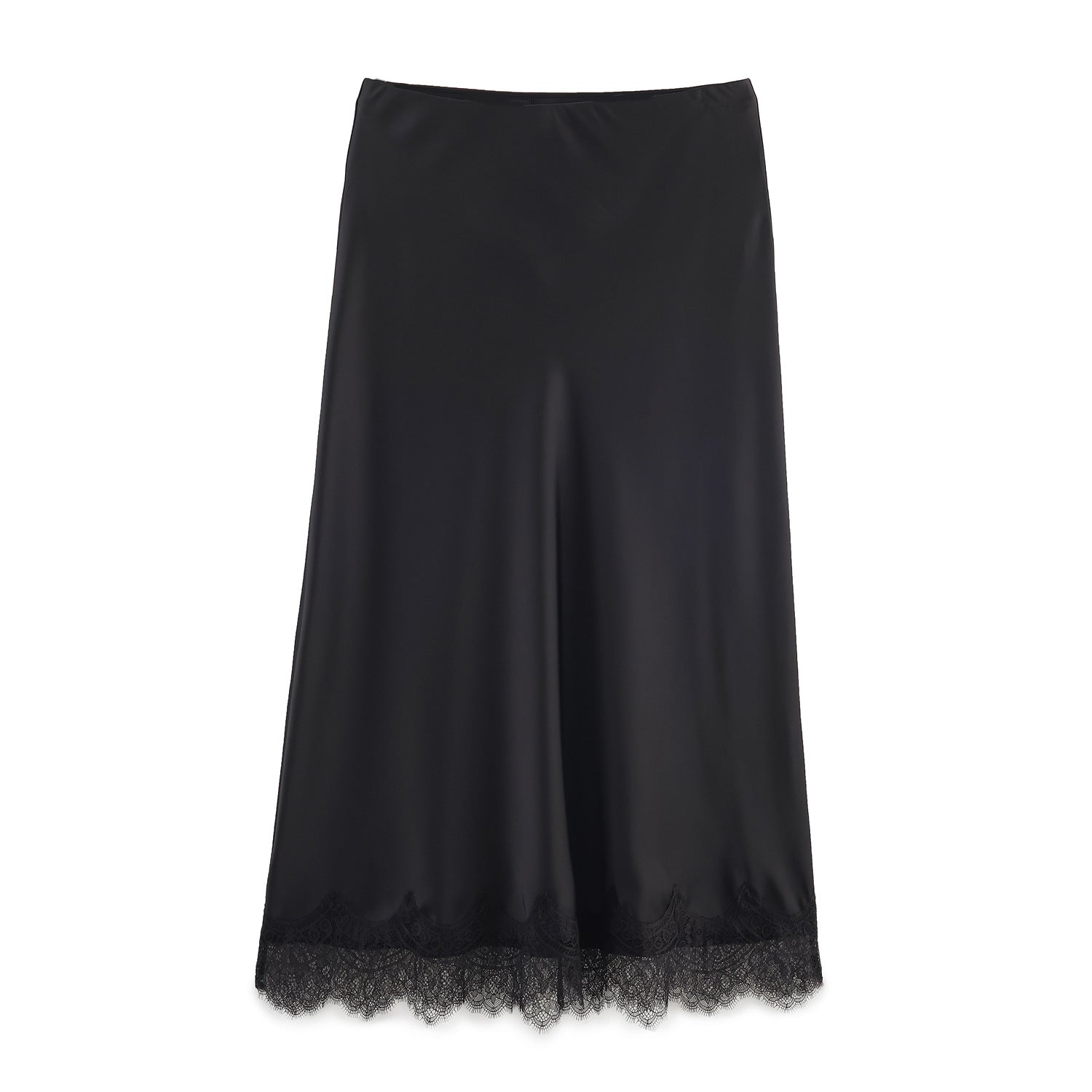 Lace-Trim Silk-Matte High-Waist Midi Skirt