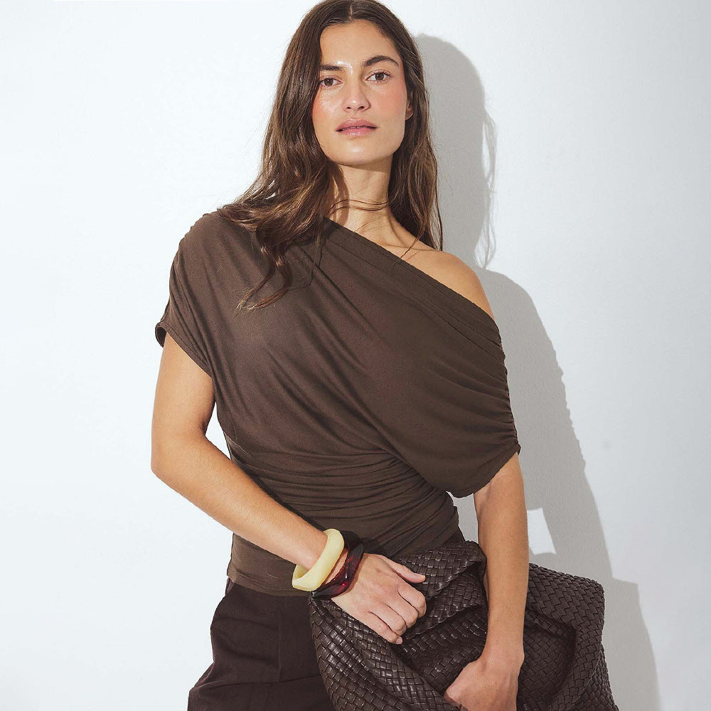 Asymmetric Pleated Short-Sleeve Top