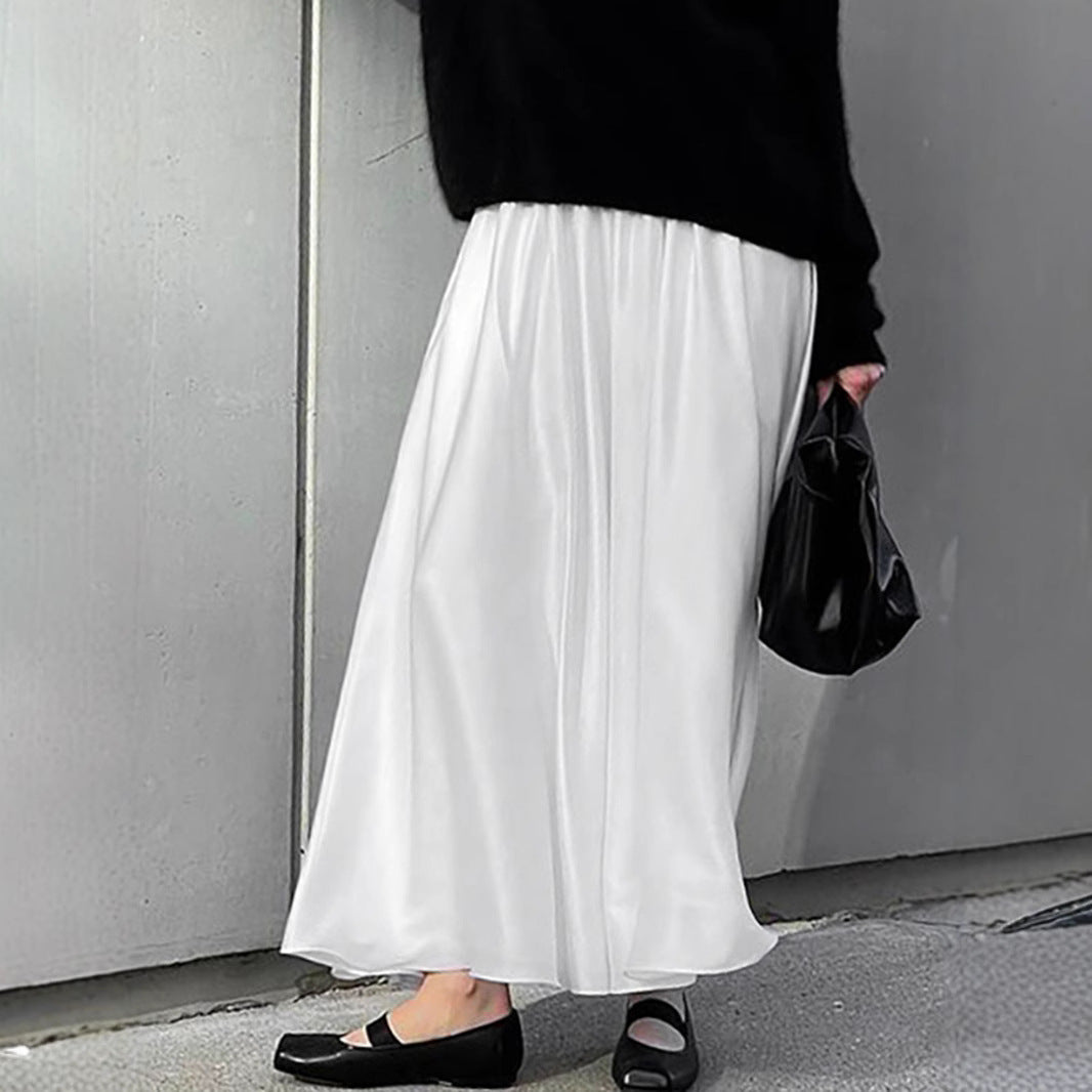 White Satin Pleated High-Waist Maxi Skirt