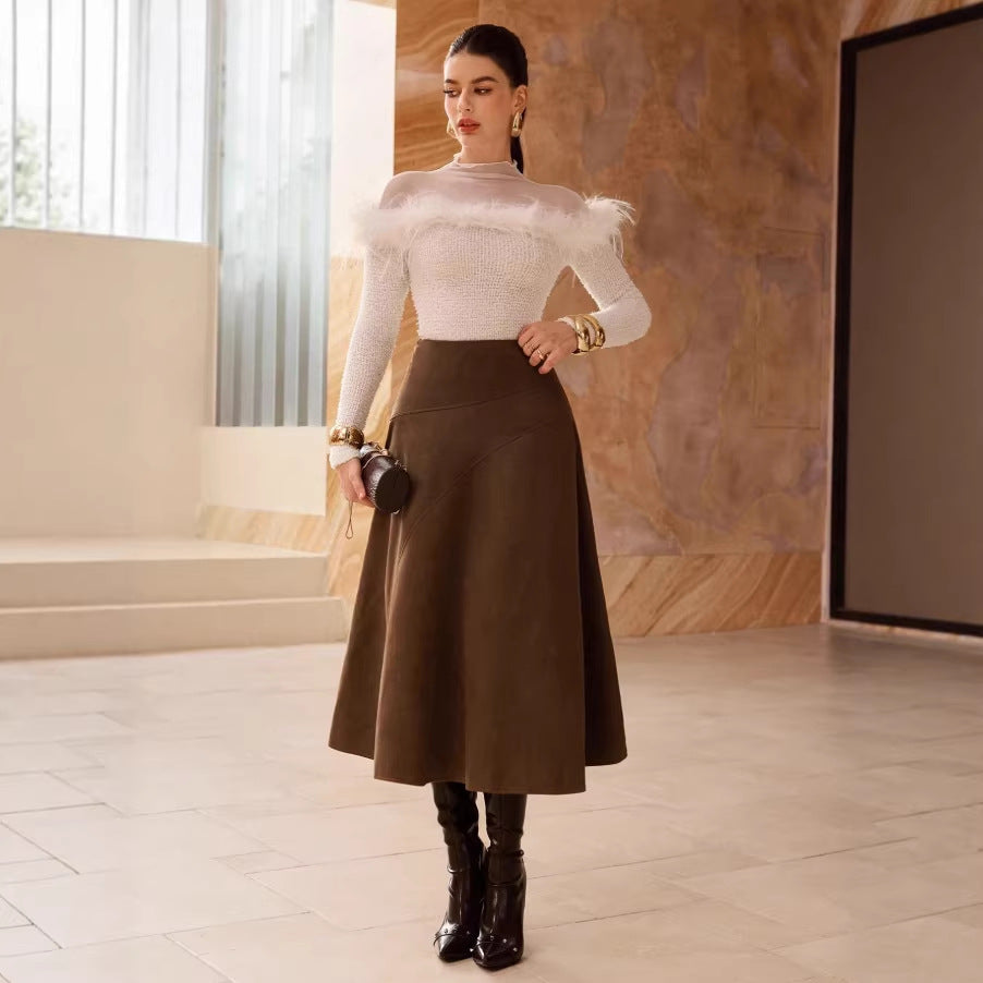 Solid-Color Faux Suede A-Line Long Skirt