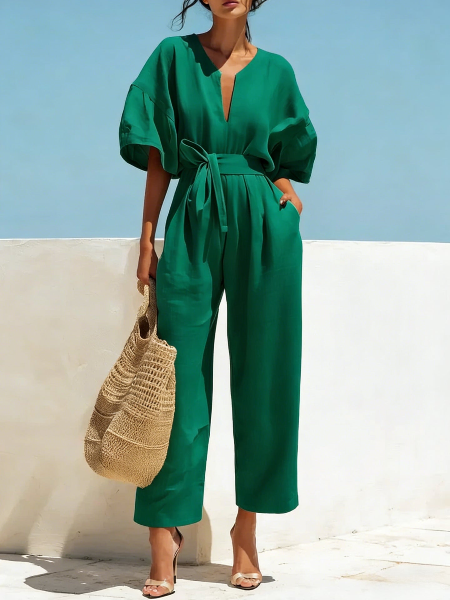 V-Neck High-Waist Cotton-Linen Wide-Leg Jumpsuit