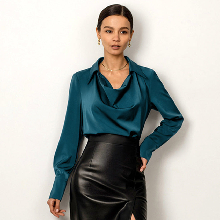 Solid-Color Collared Long-Sleeve Business Blouse