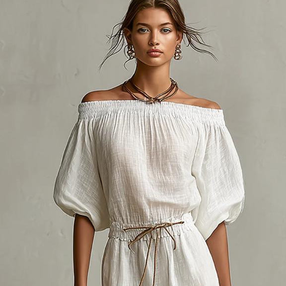 Casual Linen Lantern-Sleeve Top & Full-Length Pants Suit