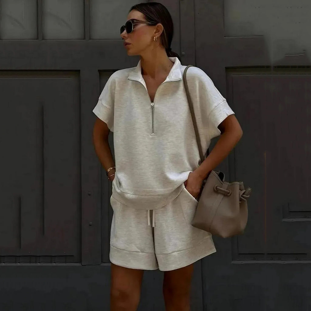 Solid-Color Casual Sweatshirt & Shorts Two-Piece Set