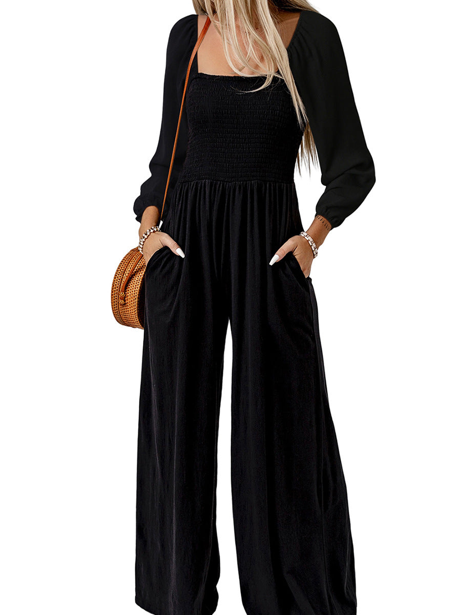 Casual High-Waist Long-Sleeve Pocket Jumpsuit