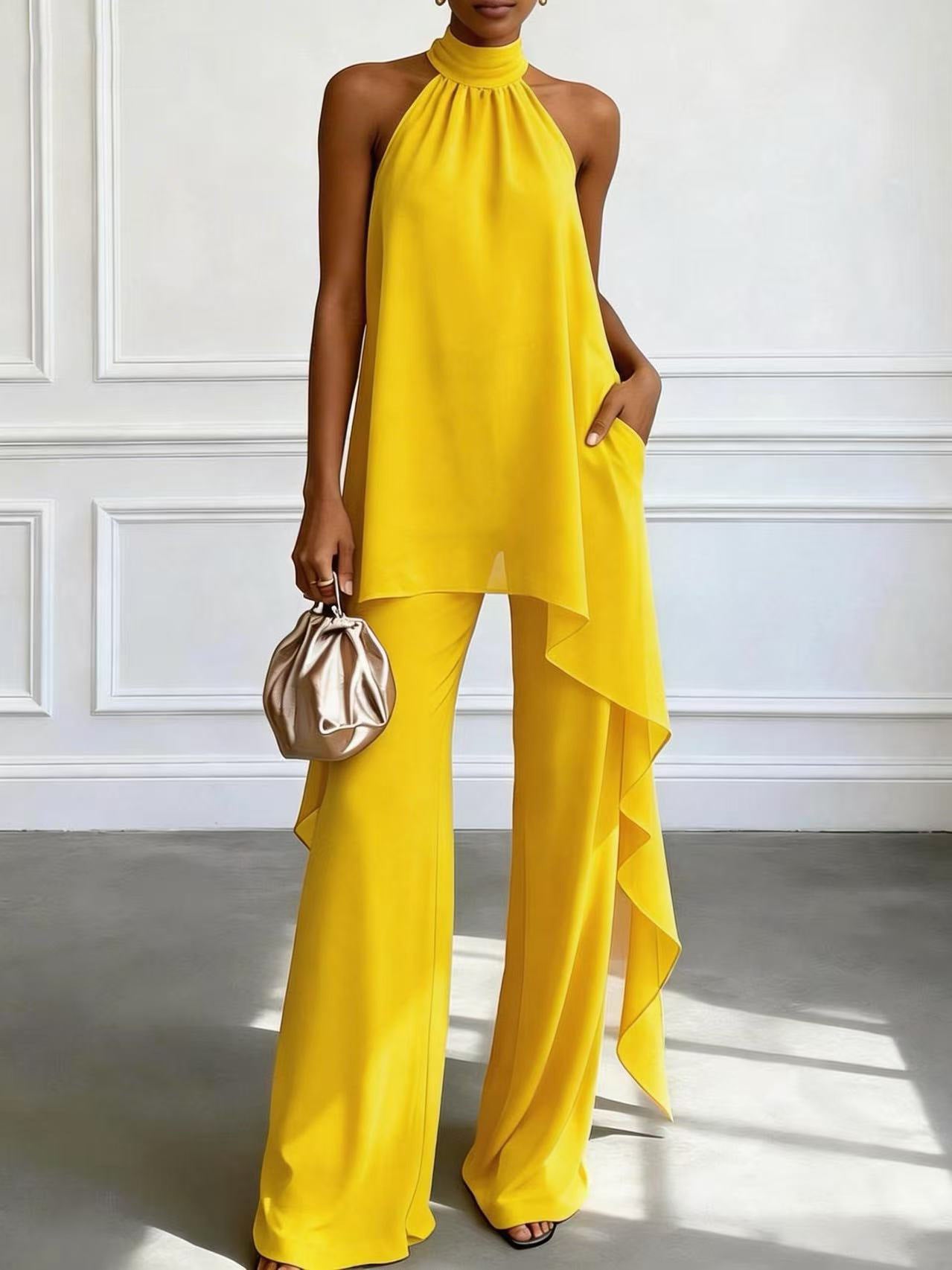 Backless Sleeveless Irregular Top & Pants Set