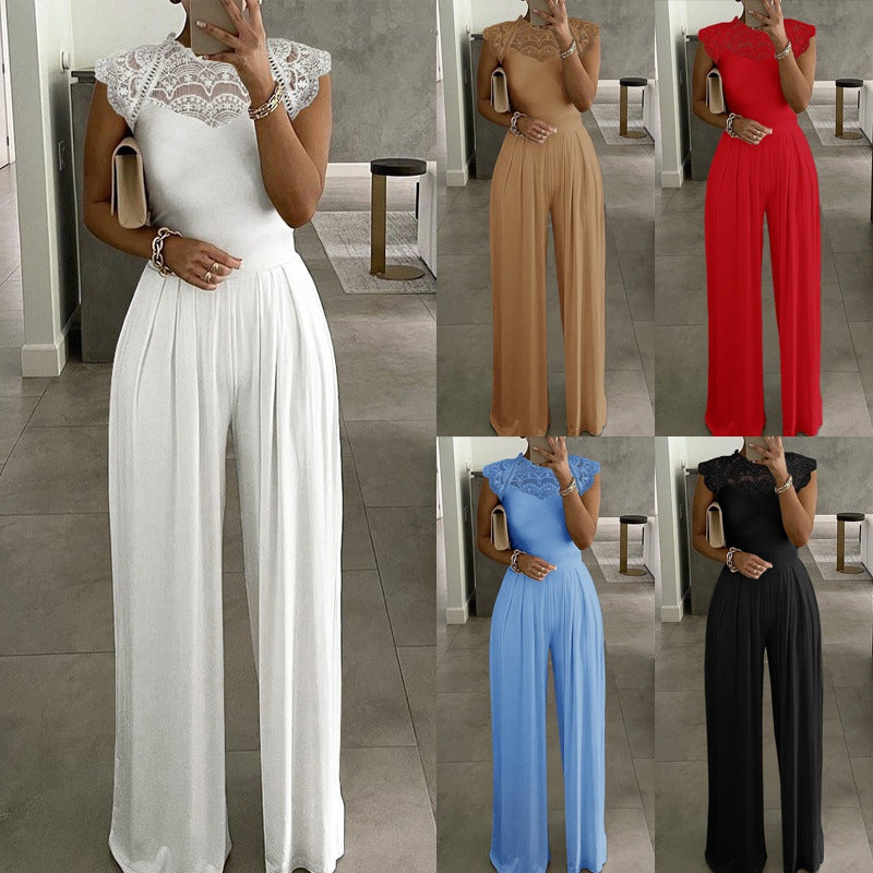 Lace Collar Round-Neck Raglan Sleeve Jumpsuit