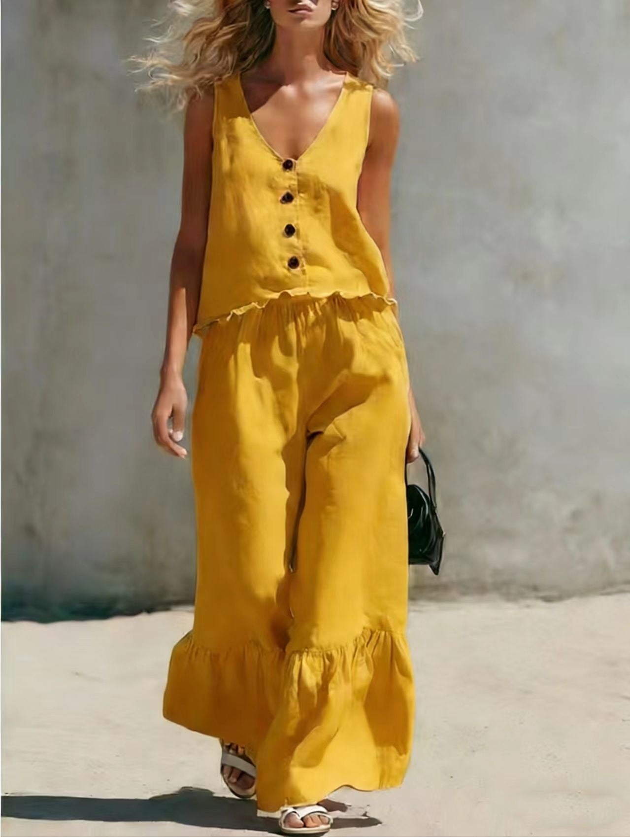 V-Neck Sleeveless Vest & Wide-Leg Pants Cotton-Linen Set
