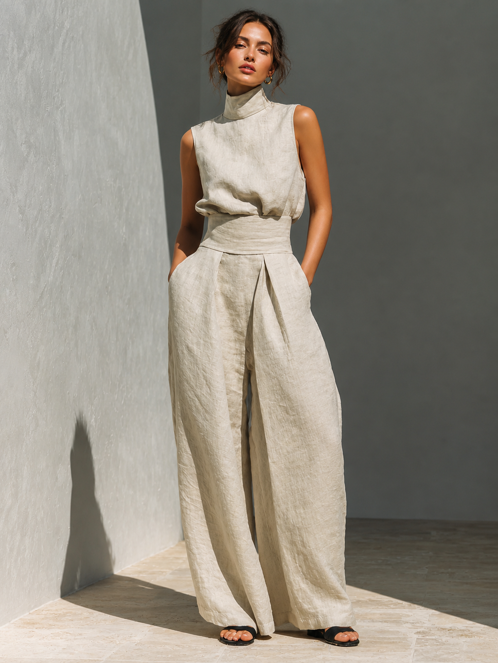 Sleeveless Stand-Collar Top & Straight-Leg Pants Set