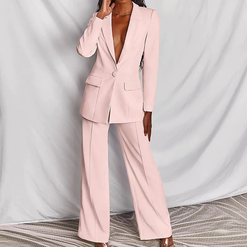 Lapel Blazer & Straight-Leg Pants Office Suit Set