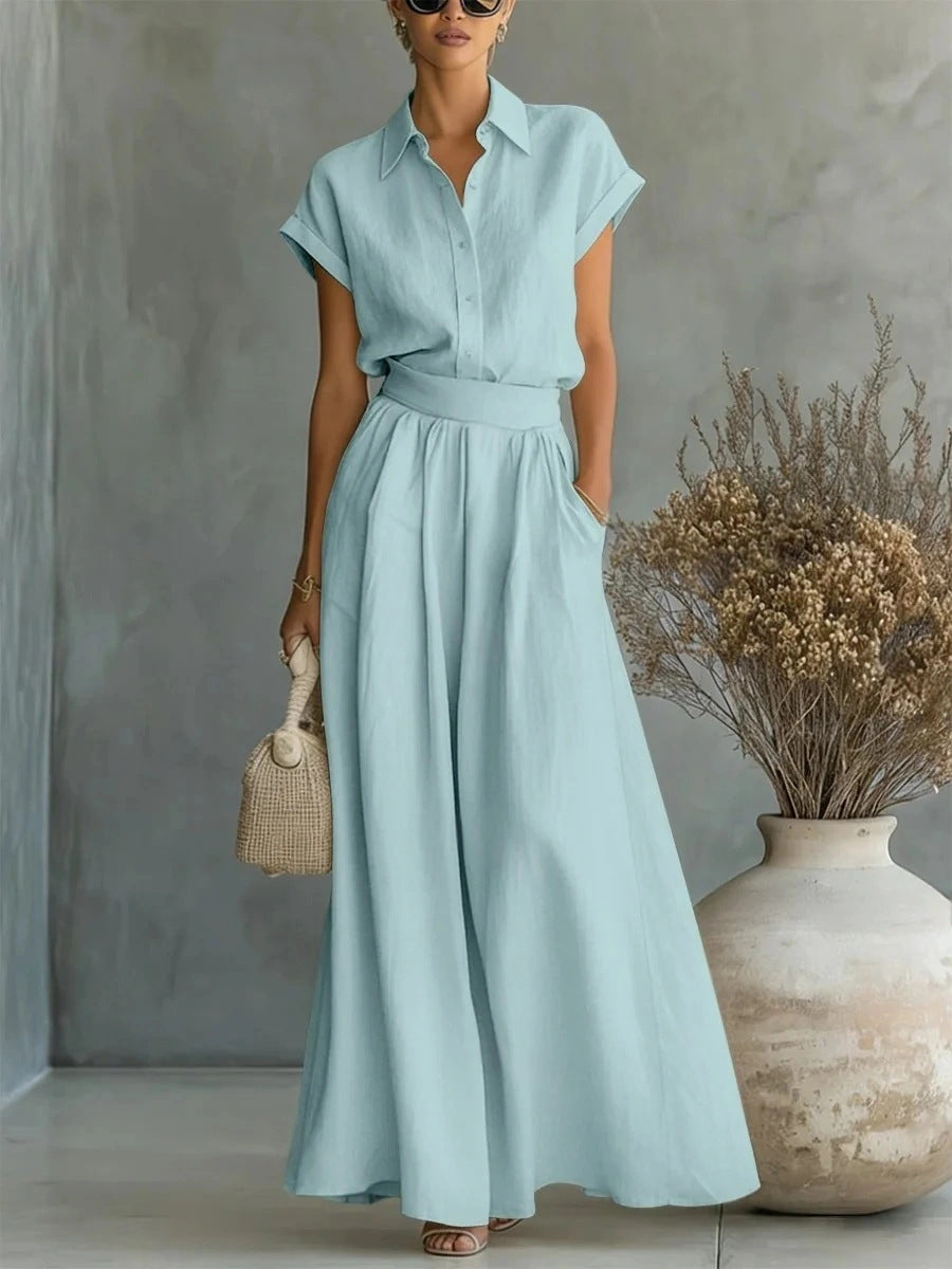 Asymmetric Cotton-Linen Shirt & Wide-Leg Pants Set
