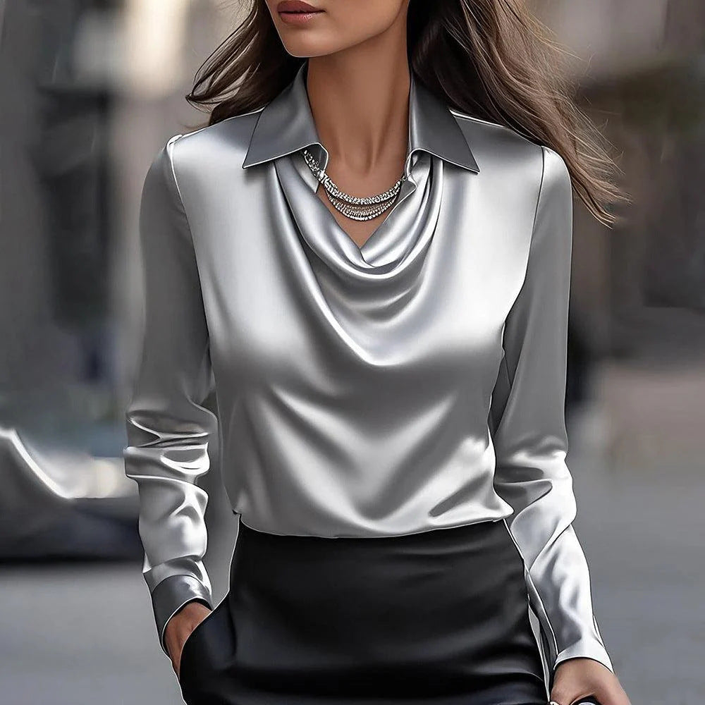 Solid-Color Collared Long-Sleeve Business Blouse